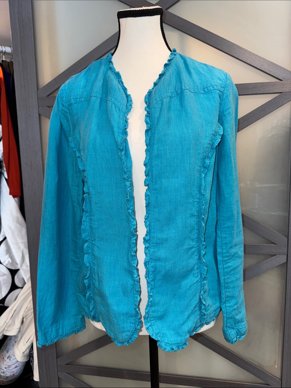Chico's Turquoise Ruffled Open-Front Jacket - Picture 1 of 11